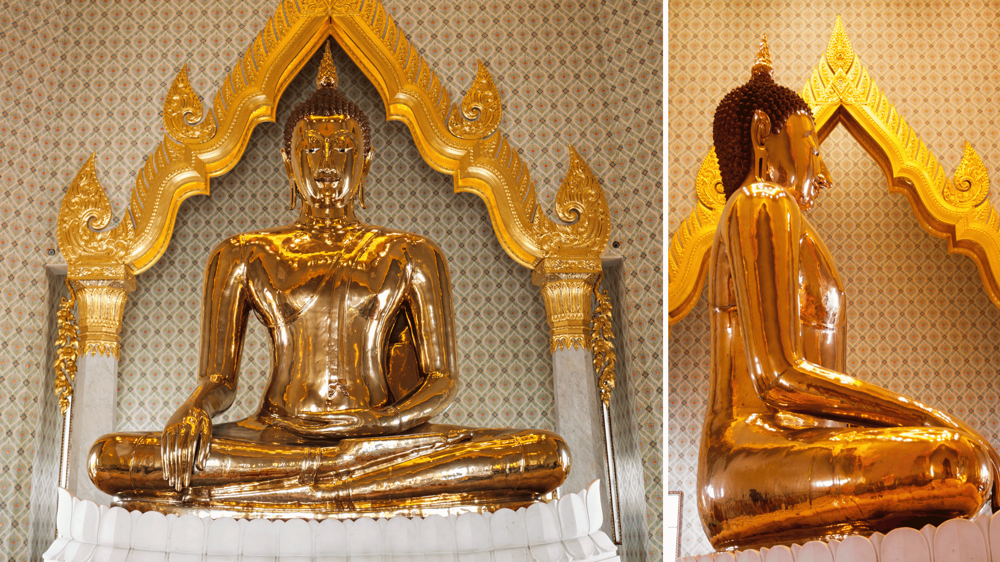 Arany buddha szobor előlről és oldalról