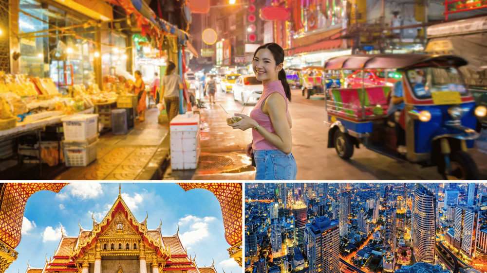 Képkollázs Bangkokról. Thai lány, templomok és épületek