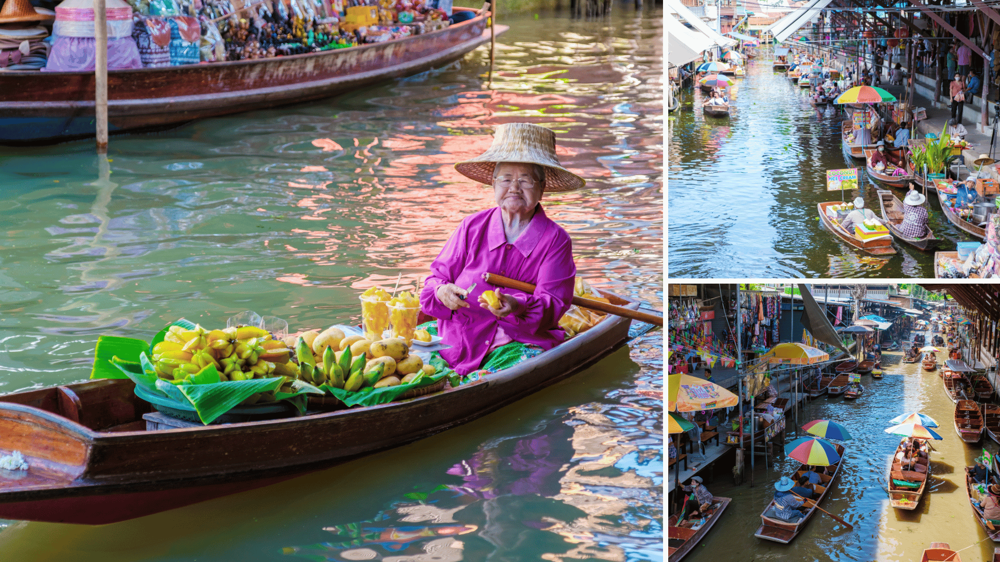 Úszó Piac Damnoen Saduak-ban. Egy öregasszony ül egy csónakban árulja a gyümölcsöket