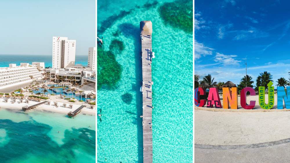 rikítóan kék tengerpart hófehér homokkal, hatalmas cancún szavat ábrázoló színes betűkkel