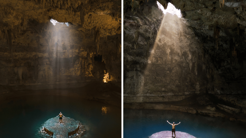 Egy férfi áll egy földfelszín alatt található cenote közepén, ahol van egy szikla és pont rá világít a beáradó fény