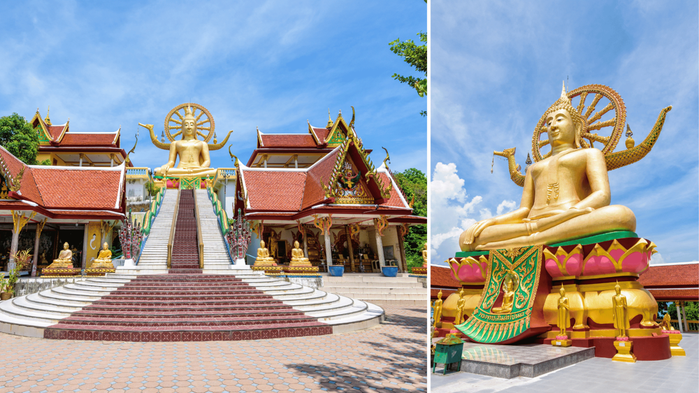 Buddha szobor két nézetből, sárkánylépcsővel