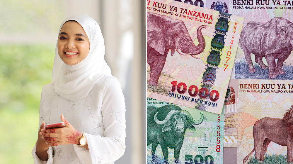 Muszlim vallású nő, fehér ruhában és tanzániai shilling