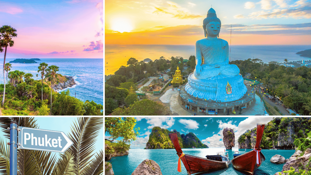 Phuket kép montázs, Buddha szobor, csónakok és útjelző tábla Phuket felirattal