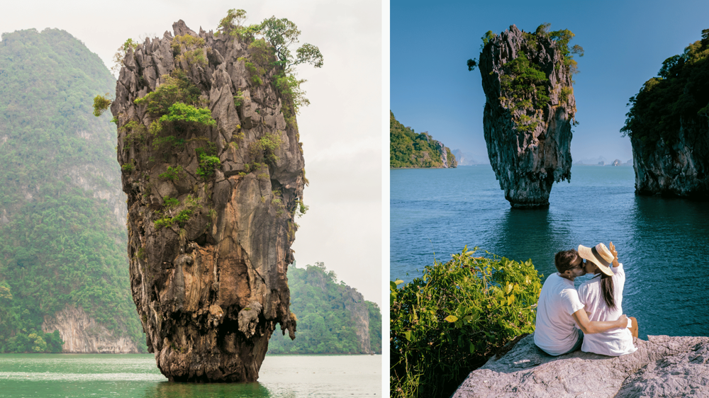 James Bond sziget messziről, turisták a szigetről nézik a sziklát a tengerben