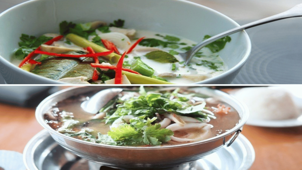 Egy fotón a tom kha gai és tom yum leves, felülnézetből