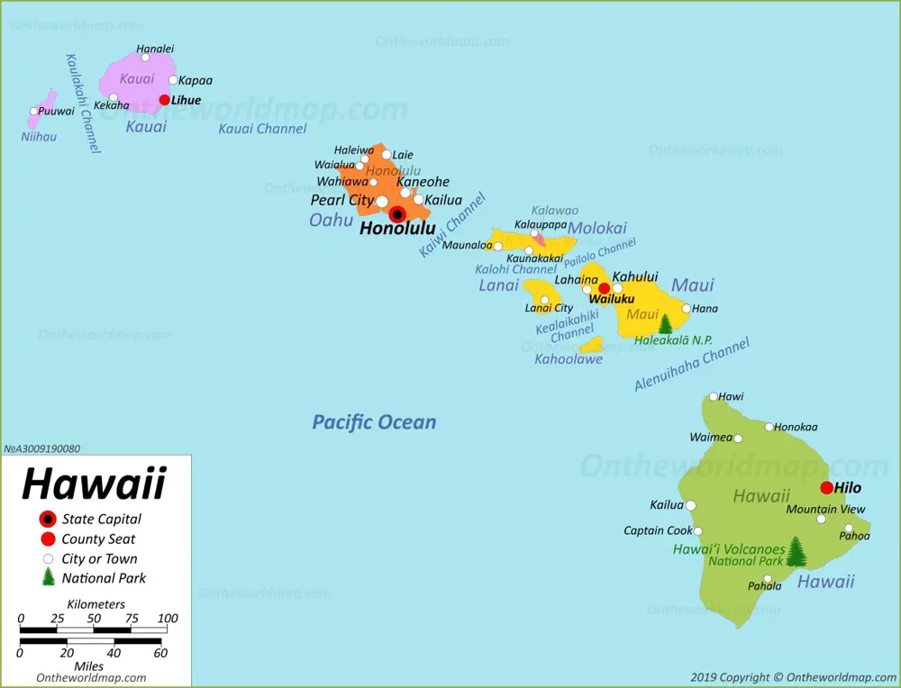 hawaii térkép szigetek és fontos városok